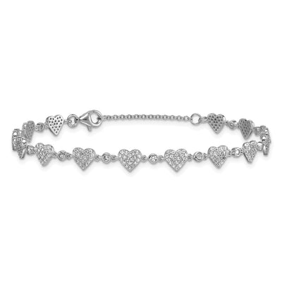 Sterling Silver Rhodium-plated Polished Pavé CZ Hearts with Extension Bracelet