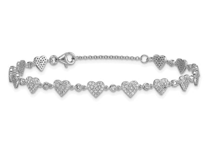 Sterling Silver Rhodium-plated Polished Pave CZ Hearts with Extension Necklace