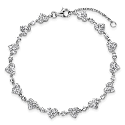 Sterling Silver Rhodium-plated Polished Pavé CZ Hearts with Extension Bracelet