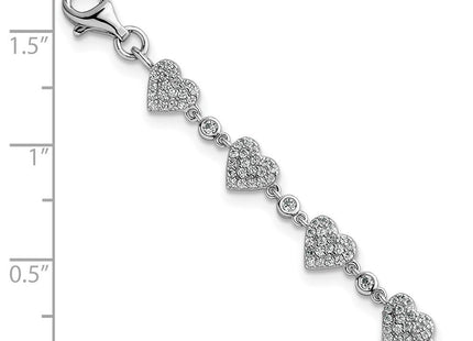 Sterling Silver Rhodium-plated Polished Pave CZ Hearts with Extension Necklace
