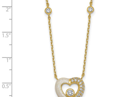 Sterling Silver Gold-tone Polished CZ and Champagne Enamel Open Heart with Extension Necklace (Style QG6957GP-16)