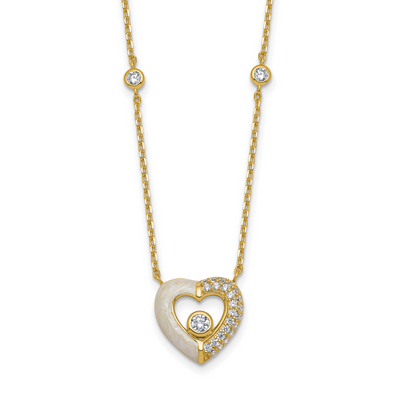 Sterling Silver Gold-tone Polished CZ and Champagne Enamel Open Heart with Extension Necklace