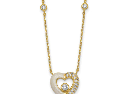 Sterling Silver Gold-tone Polished CZ and Champagne Enamel Open Heart with Extension Necklace (Style QG6957GP-16)