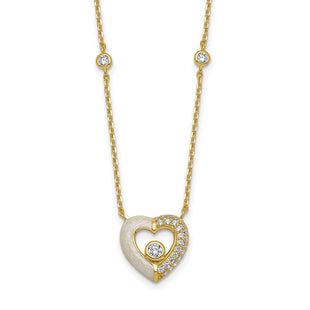 Sterling Silver Gold-tone Polished CZ and Champagne Enamel Open Heart with Extension Necklace (Style QG6957GP-16)