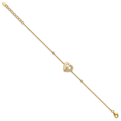 Sterling Silver Gold-tone Polished CZ and Champagne Enamel Open Heart with Extension Necklace