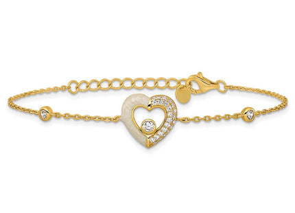 Sterling Silver Gold-tone Polished CZ and Champagne Enamel Open Heart with Extension Necklace