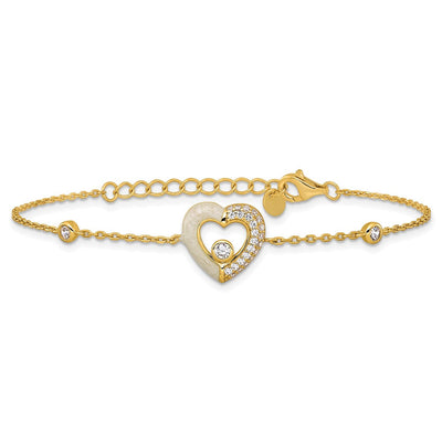 Sterling Silver Gold-tone Polished CZ and Champagne Enamel Open Heart with Extension Necklace