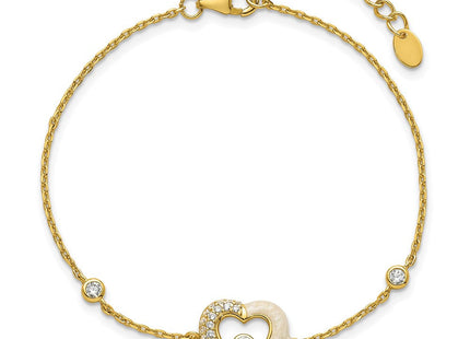Sterling Silver Gold-tone Polished CZ and Champagne Enamel Open Heart with Extension Necklace