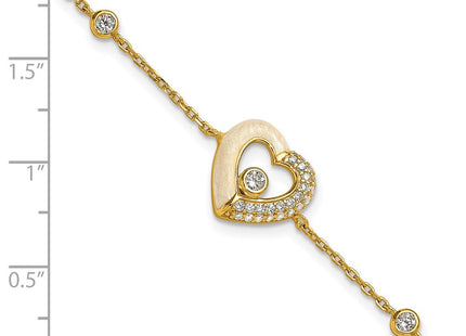 Sterling Silver Gold-tone Polished CZ and Champagne Enamel Open Heart with Extension Necklace