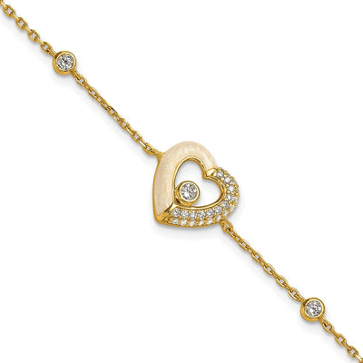 Sterling Silver Gold-tone Polished CZ and Champagne Enamel Open Heart with Extension Necklace