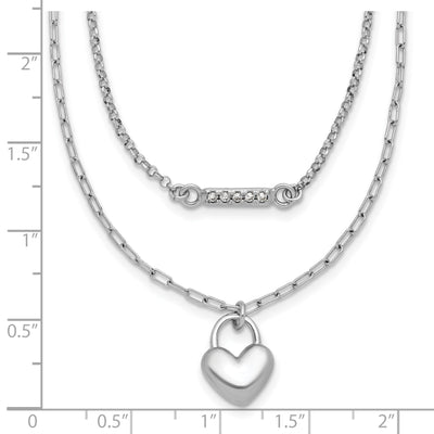 Sterling Silver Rhodium-plated CZ Puffed Heart with extender 2-strand Necklace