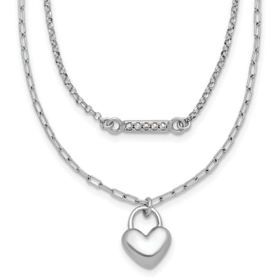 Sterling Silver Rhodium-plated CZ Puffed Heart with extender 2-strand Necklace