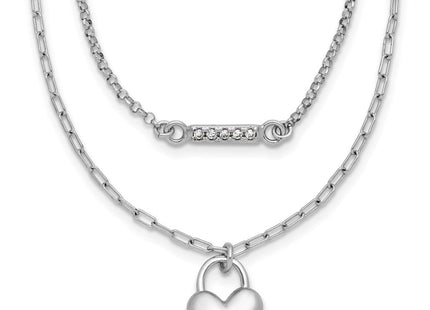 Sterling Silver Rhodium-plated CZ Puffed Heart with extender 2-strand Necklace (Style QG6959-16)