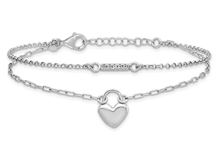Sterling Silver Rhodium-plated CZ Puffed Heart with extender 2-strand Necklace