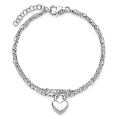 Sterling Silver Rhodium-plated CZ Puffed Heart with extender 2-strand Necklace