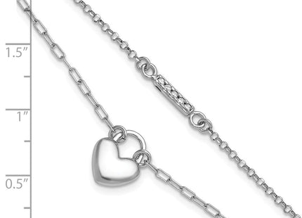 Sterling Silver Rhodium-plated CZ Puffed Heart with extender 2-strand Necklace