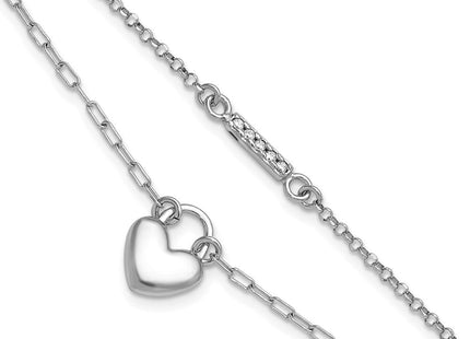 Sterling Silver Rhodium-plated CZ Puffed Heart with extender 2-strand Necklace
