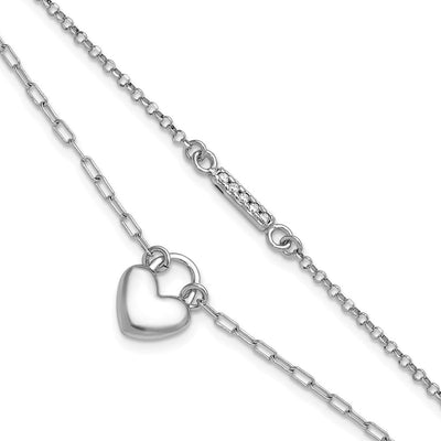 Sterling Silver Rhodium-plated CZ Puffed Heart with extender 2-strand Necklace
