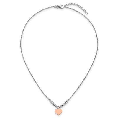 Sterling Silver Rhodium-plated Rose Gold-plated Heart Disc and Textured Beads with extension Necklace