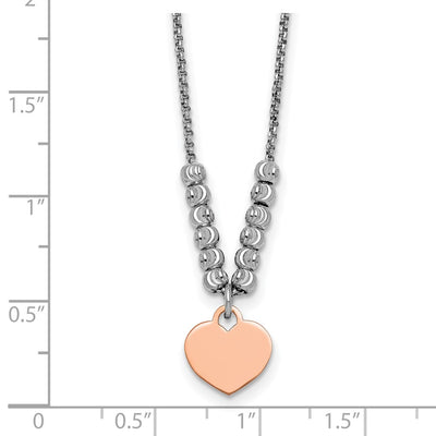 Sterling Silver Rhodium-plated Rose Gold-plated Heart Disc and Textured Beads with extension Necklace