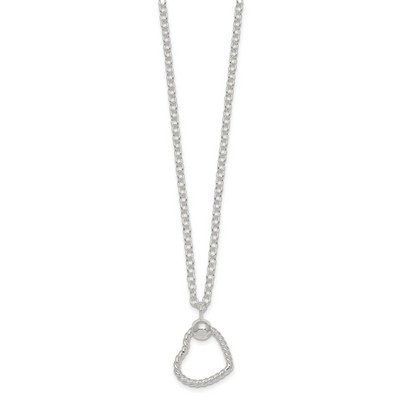 Sterling Silver Polished and Twisted Heart Dangle Cable Chain Necklace