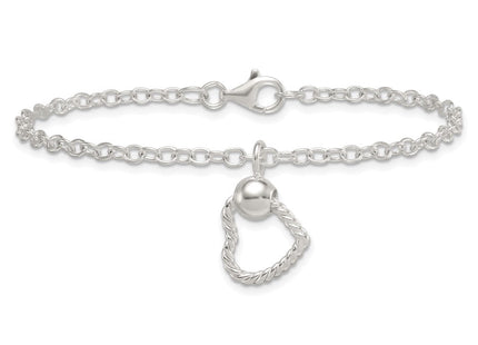 Sterling Silver Polished and Twisted Heart Dangle 7. Cable Chain Necklace