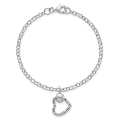 Sterling Silver Polished and Twisted Heart Dangle Cable Chain Necklace