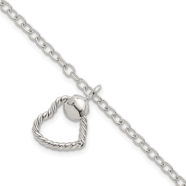 Sterling Silver Polished and Twisted Heart Dangle 7. Cable Chain Necklace