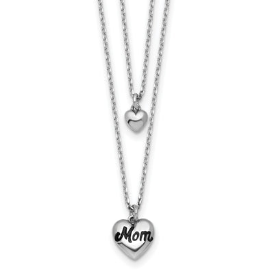 Sterling Silver Rhodium-plated Black Enameled MOM Puffed Heart with Heart Charms with extension Necklace