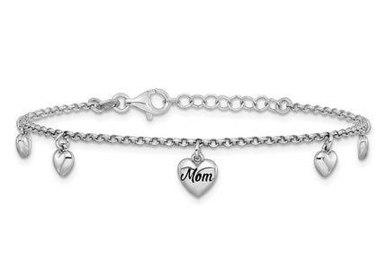 Sterling Silver Rhodium-plated Black Enameled MOM Puffed Heart with Heart Charms 6. with 0. extension Necklace