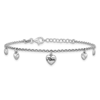 Sterling Silver Rhodium-plated Black Enameled MOM Puffed Heart with Heart Charms with extension Necklace