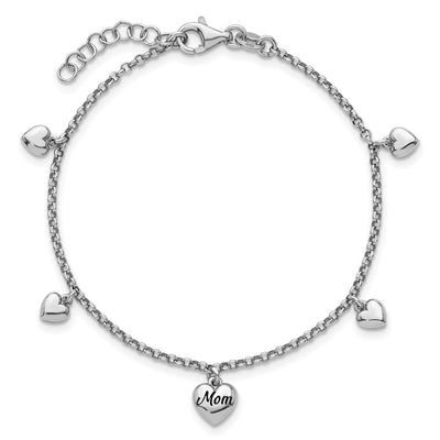 Sterling Silver Rhodium-plated Black Enameled MOM Puffed Heart with Heart Charms with extension Bracelet