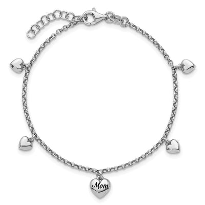 Sterling Silver Rhodium-plated Black Enameled MOM Puffed Heart with Heart Charms with extension Necklace