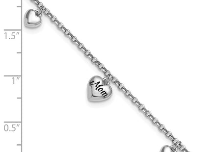 Sterling Silver Rhodium-plated Black Enameled MOM Puffed Heart with Heart Charms 6. with 0. extension Necklace