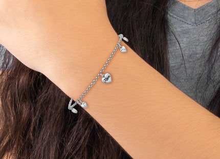 Sterling Silver Rhodium-plated Black Enameled MOM Puffed Heart with Heart Charms 6. with 0. extension Bracelet