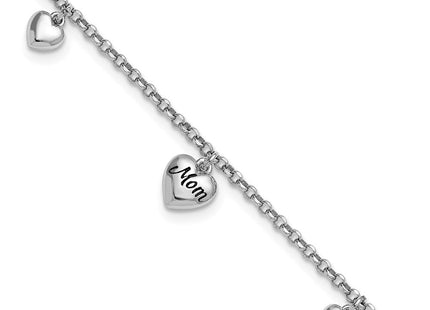 Sterling Silver Rhodium-plated Black Enameled MOM Puffed Heart with Heart Charms 6. with 0. extension Necklace