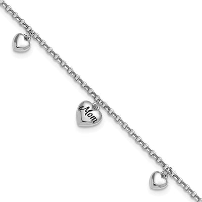 Sterling Silver Rhodium-plated Black Enameled MOM Puffed Heart with Heart Charms with extension Necklace
