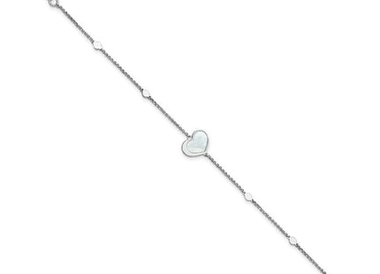 Sterling Silver Rhodium-plated Mother of Pearl Heart 6. with extension Necklace