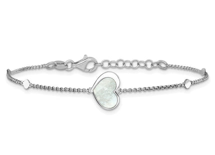 Sterling Silver Rhodium-plated Mother of Pearl Heart 6. with extension Necklace