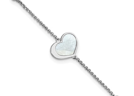Sterling Silver Rhodium-plated Mother of Pearl Heart 6. with extension Necklace