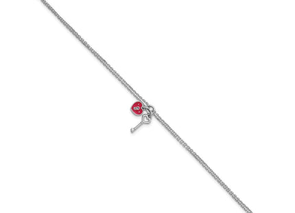 Sterling Silver Rhodium-plated Two-strand Red Enameled Heart Lock and Key 6. with 0. extension Necklace