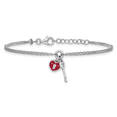 Sterling Silver Rhodium-plated Two-strand Red Enameled Heart Lock and Key with extension Bracelet