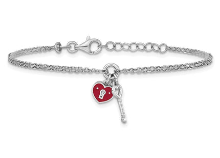 Sterling Silver Rhodium-plated Two-strand Red Enameled Heart Lock and Key 6. with 0. extension Necklace