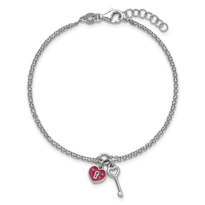 Sterling Silver Rhodium-plated Two-strand Red Enameled Heart Lock and Key with extension Bracelet