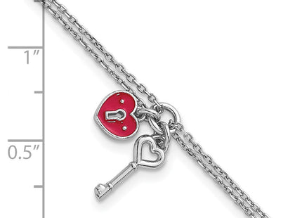Sterling Silver Rhodium-plated Two-strand Red Enameled Heart Lock and Key 6. with 0. extension Necklace