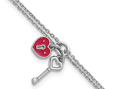 Sterling Silver Rhodium-plated Two-strand Red Enameled Heart Lock and Key 6. with 0. extension Necklace