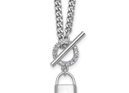 Sterling Silver Rhodium-plated CZ with extender Lock Pendant Toggle Necklace (Style QG6965-16)