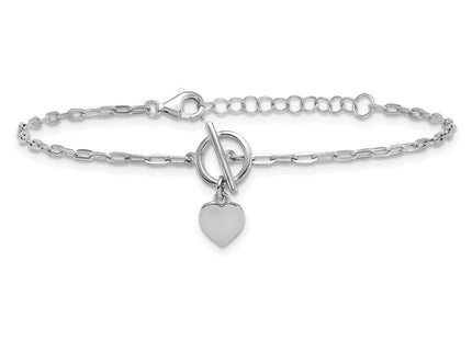Sterling Silver Rhodium-plated Polished Heart Dangle Paperclip Link 6. with Extension Necklace