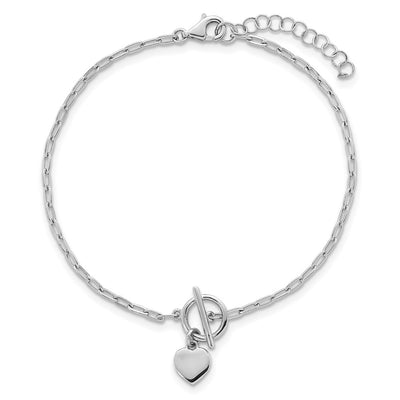Sterling Silver Rhodium-plated Polished Heart Dangle Paperclip Link with Extension Bracelet