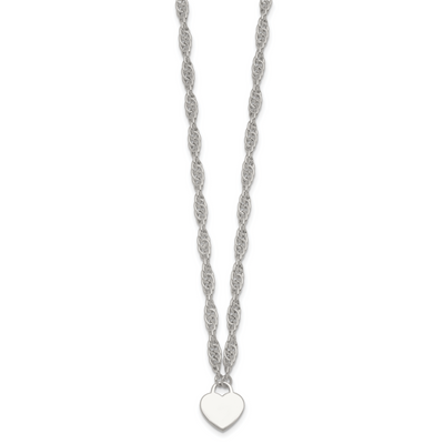 Sterling Silver Polished Fancy Engravable Heart Disc on Rope Chain with Extension Necklace